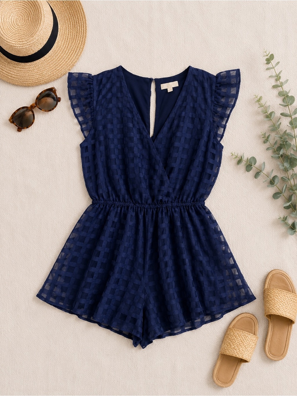 She + Sky Navy Checkered Mesh Romper